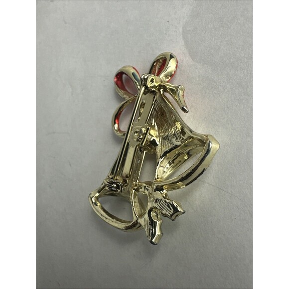 Vintage Gold Tone Enamel Brooch Pin Christmas Bells Seed Bead Rhinestone Bow - Picture 4 of 6